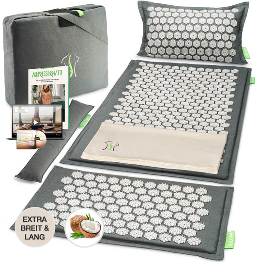 Extra große graue Matte mit hellgrauer Spitzen, übergroßes Kissen, Fußmatte, grauer XL-Tasche und Online-Kurse, Hörbuch und eBook