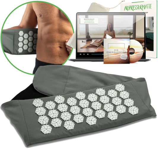 BACKLAXX Akupressur-Lendengürtel in grau mit hellgrauen Druckpunkten - Set mit Video-Kurs, Energiereise-CD und Anleitungsbooklet für ganzheitliche Anwendung