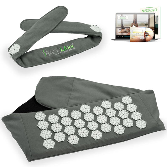 BACKLAXX Akupress to go Bundle bestehend aus Lendengurt grau und Kopfband grau - Kombinierbar mit Online-Kursen und der Energielehre für ganzheitliche Wellnessanwendung