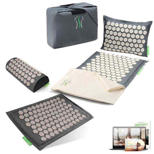 BACKLAXX Akupressur-Orginal in Grau mit Fußmatte in grau, Nackenkissen in grau - Inklusive Energiereise-Anleitung für ganzheitliche Entspannung