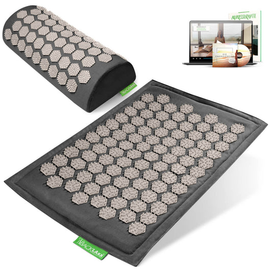 BACKLAXX Akupressurfußmatte-Set in Dunkelgrau mit Nackenkissen  - für Entspannung und Schmerzlinderung mit Online-Anleitung