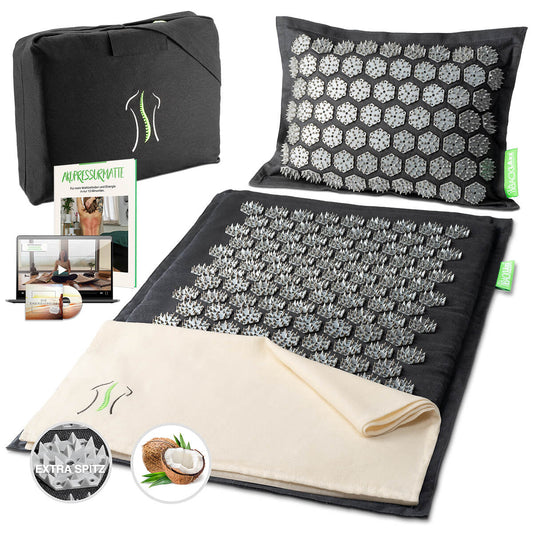 Schwarze Akupressurmatte mit Metallspitzen, Kissen, DVD, Anleitung, schwarze Tragetasche