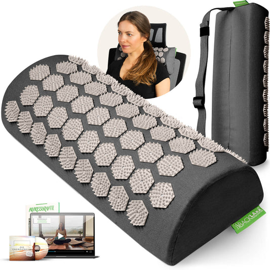 BACKLAXX Akupressur-Nackenrolle in Dunkelgrau mit hellgrauem Druckpunkten - Set mit Anwendungsvideo und Energieklasse-Anleitung für gezielte Nackenmassage