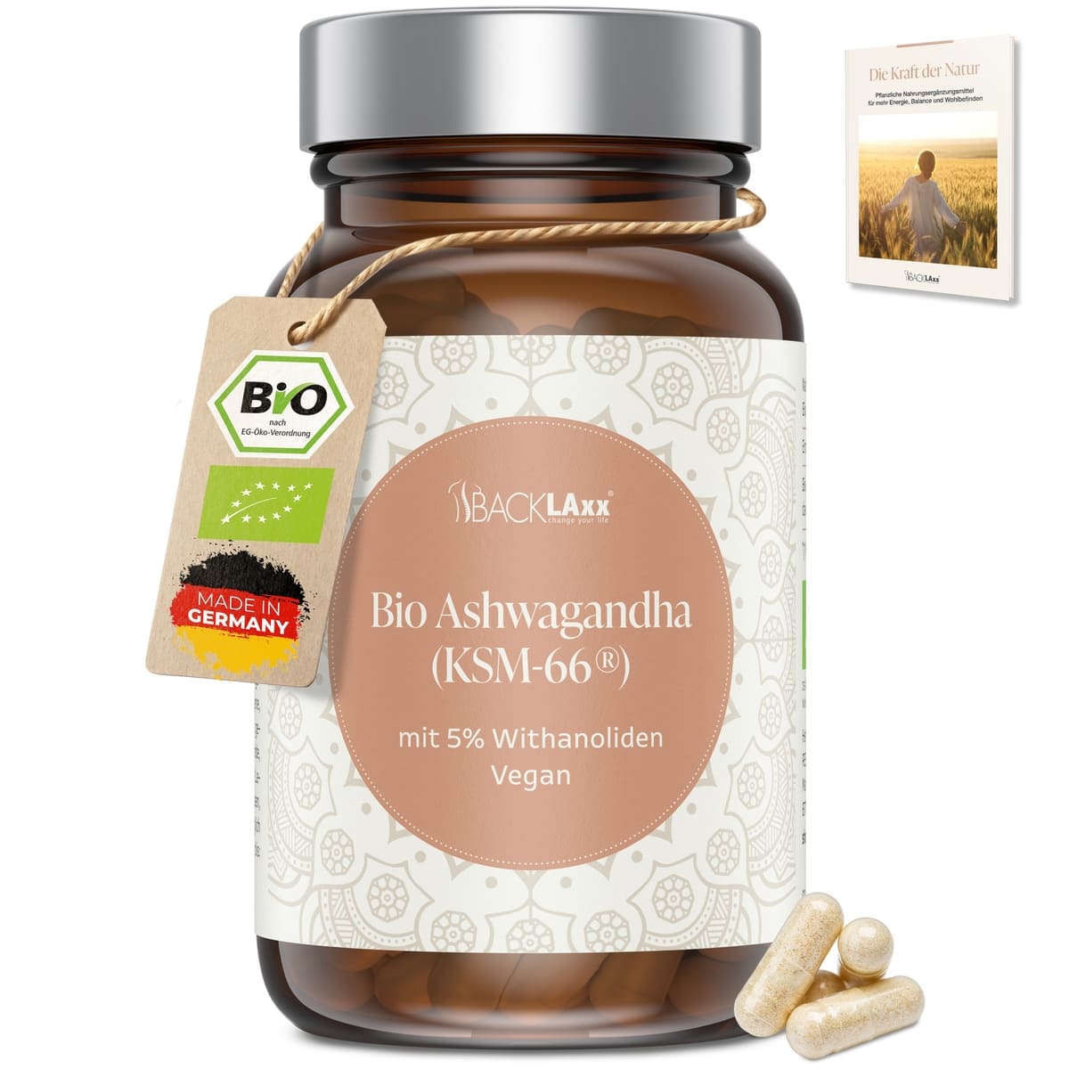 Weiße Ashwagandha-Dose mit grünem Etikett, braune Kapseln daneben sichtbar	