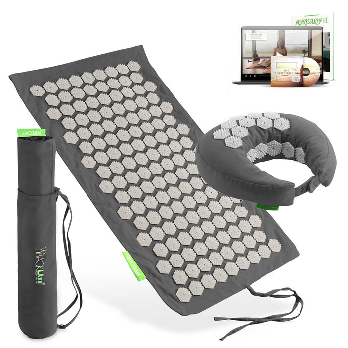 BACKLAXX Akupressur Reise-Set: To-Go Akupressurmatte, Nackenhörnchen, Tragetasche und digitaler Videokurs