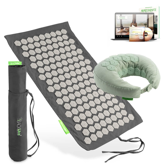 BACKLAXX Akupressur Reise-Set: To-Go Akupressurmatte, Nackenhörnchen, Tragetasche und digitaler Videokurs