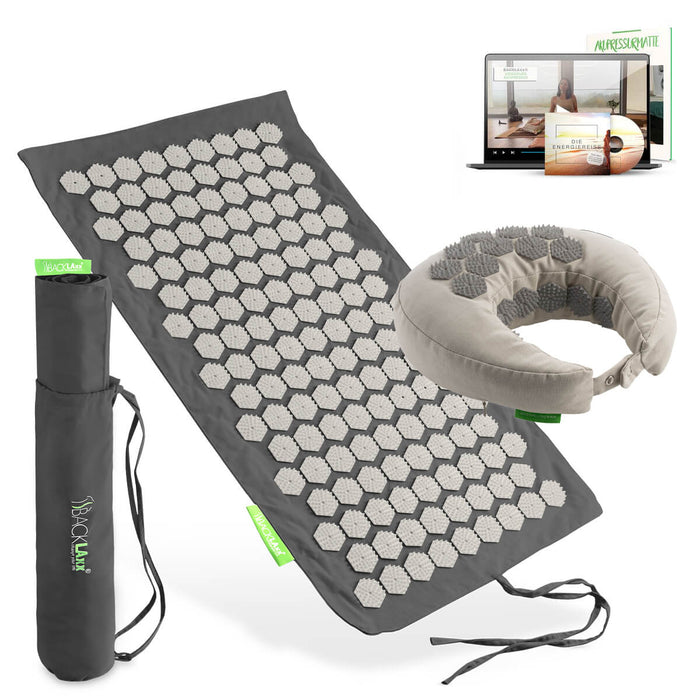 BACKLAXX Akupressur Reise-Set: To-Go Akupressurmatte, Nackenhörnchen, Tragetasche und digitaler Videokurs