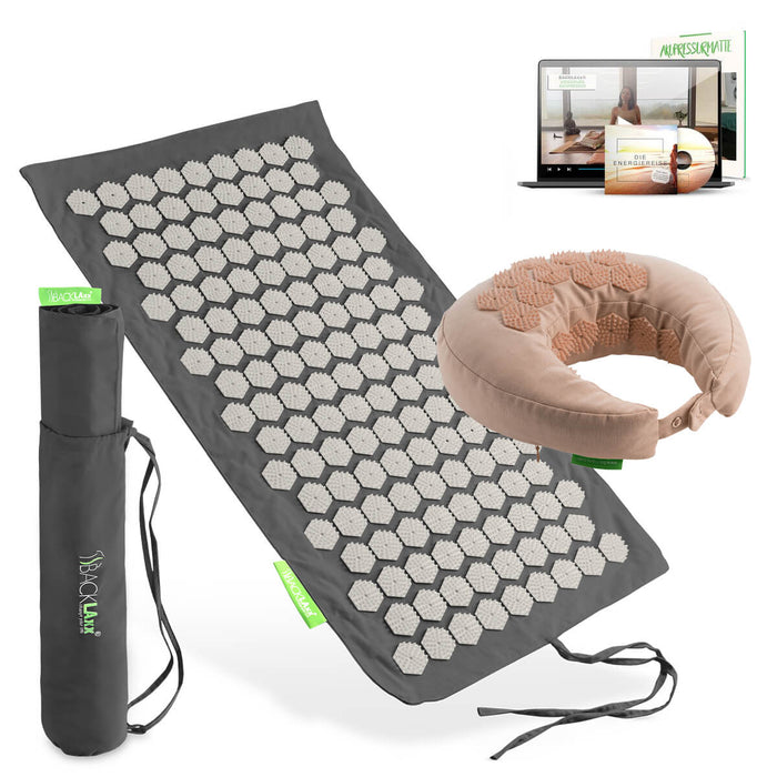 BACKLAXX Akupressur Reise-Set: To-Go Akupressurmatte, Nackenhörnchen, Tragetasche und digitaler Videokurs