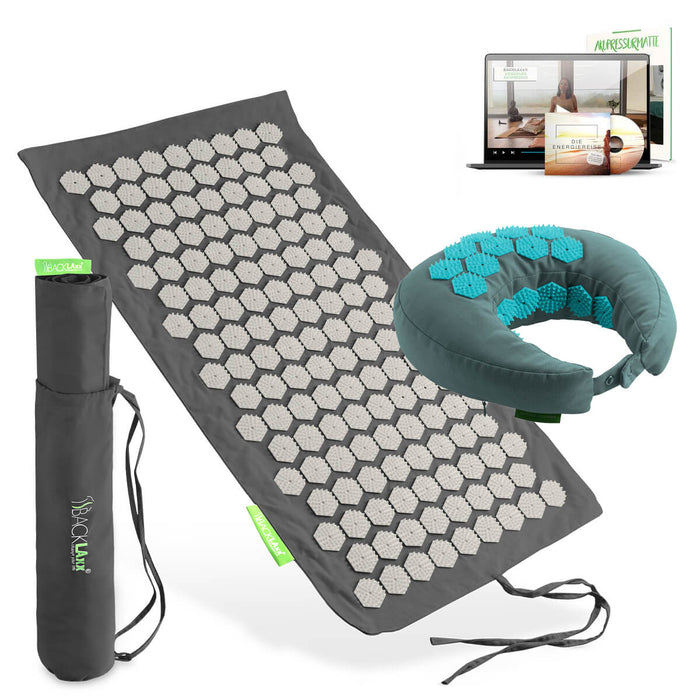 BACKLAXX Akupressur Reise-Set: To-Go Akupressurmatte, Nackenhörnchen, Tragetasche und digitaler Videokurs