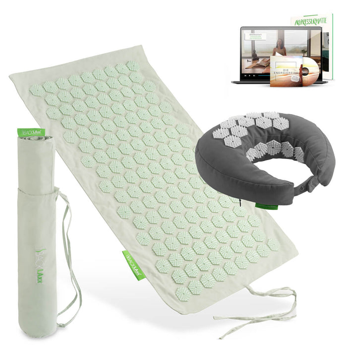 BACKLAXX Akupressur Reise-Set: To-Go Akupressurmatte, Nackenhörnchen, Tragetasche und digitaler Videokurs