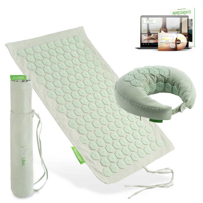 BACKLAXX Akupressur Reise-Set: To-Go Akupressurmatte, Nackenhörnchen, Tragetasche und digitaler Videokurs