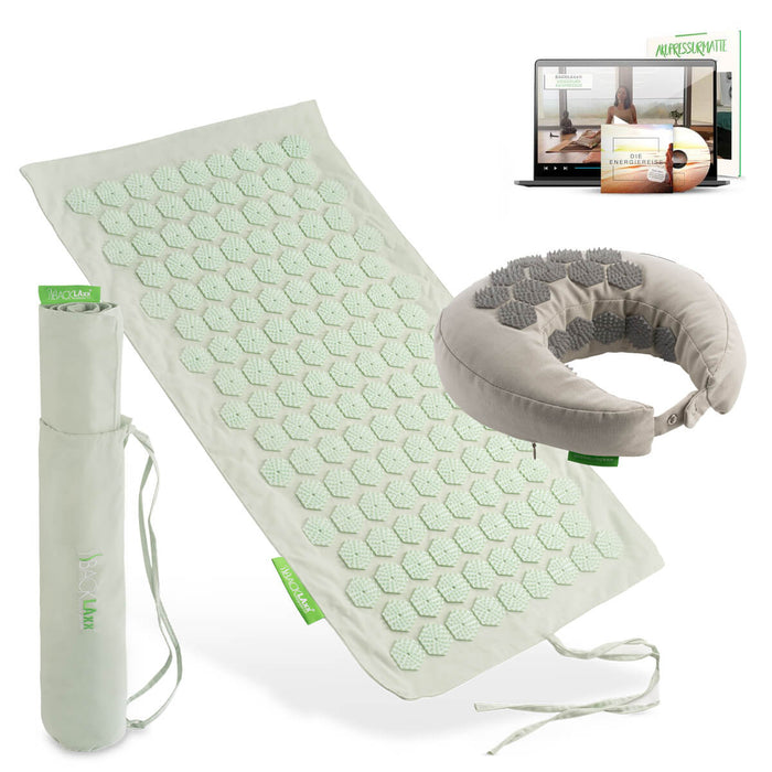 BACKLAXX Akupressur Reise-Set: To-Go Akupressurmatte, Nackenhörnchen, Tragetasche und digitaler Videokurs