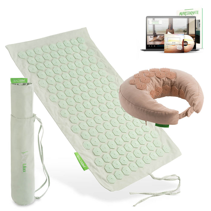 BACKLAXX Akupressur Reise-Set: To-Go Akupressurmatte, Nackenhörnchen, Tragetasche und digitaler Videokurs