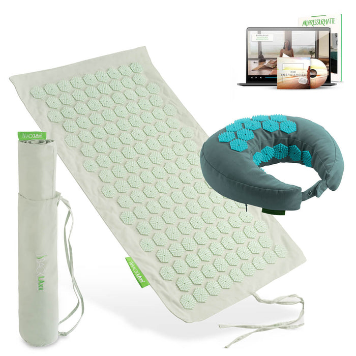 BACKLAXX Akupressur Reise-Set: To-Go Akupressurmatte, Nackenhörnchen, Tragetasche und digitaler Videokurs