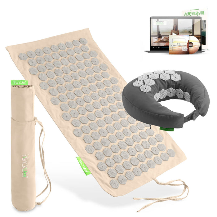 BACKLAXX Akupressur Reise-Set: To-Go Akupressurmatte, Nackenhörnchen, Tragetasche und digitaler Videokurs