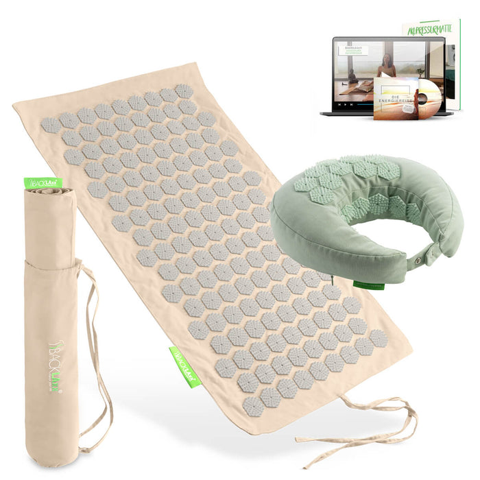 BACKLAXX Akupressur Reise-Set: To-Go Akupressurmatte, Nackenhörnchen, Tragetasche und digitaler Videokurs