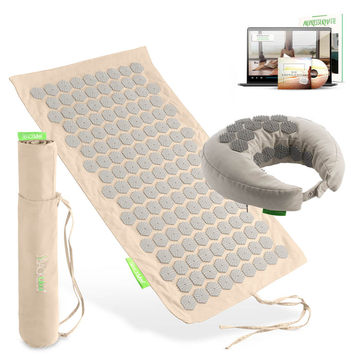 BACKLAXX Akupressur Reise-Set: To-Go Akupressurmatte, Nackenhörnchen, Tragetasche und digitaler Videokurs