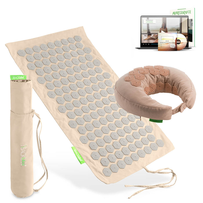 BACKLAXX Akupressur Reise-Set: To-Go Akupressurmatte, Nackenhörnchen, Tragetasche und digitaler Videokurs