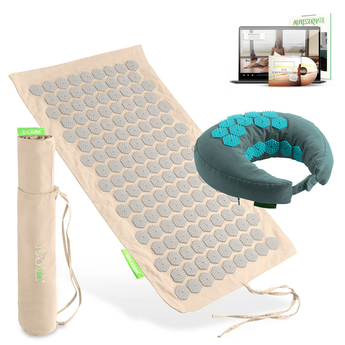 BACKLAXX Akupressur Reise-Set: To-Go Akupressurmatte, Nackenhörnchen, Tragetasche und digitaler Videokurs