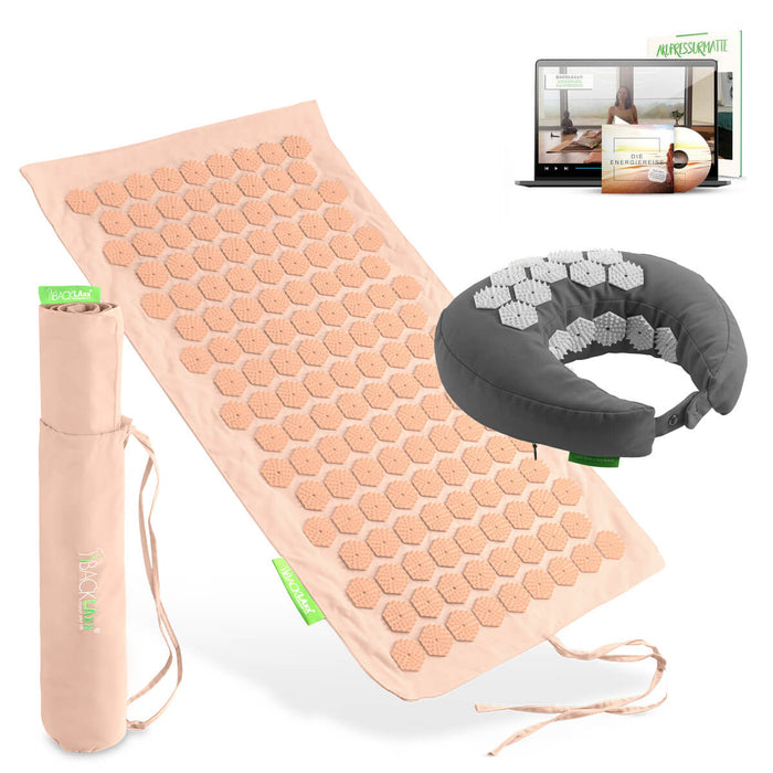 BACKLAXX Akupressur Reise-Set: To-Go Akupressurmatte, Nackenhörnchen, Tragetasche und digitaler Videokurs