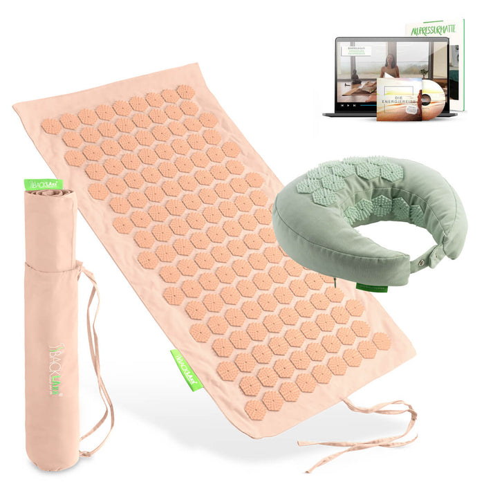 BACKLAXX Akupressur Reise-Set: To-Go Akupressurmatte, Nackenhörnchen, Tragetasche und digitaler Videokurs