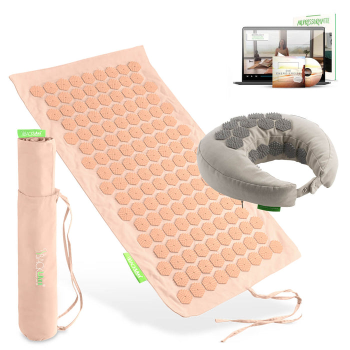 BACKLAXX Akupressur Reise-Set: To-Go Akupressurmatte, Nackenhörnchen, Tragetasche und digitaler Videokurs