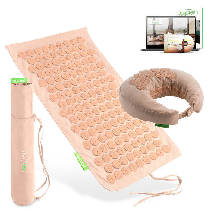 BACKLAXX Akupressur Reise-Set: To-Go Akupressurmatte, Nackenhörnchen, Tragetasche und digitaler Videokurs