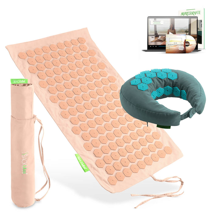 BACKLAXX Akupressur Reise-Set: To-Go Akupressurmatte, Nackenhörnchen, Tragetasche und digitaler Videokurs
