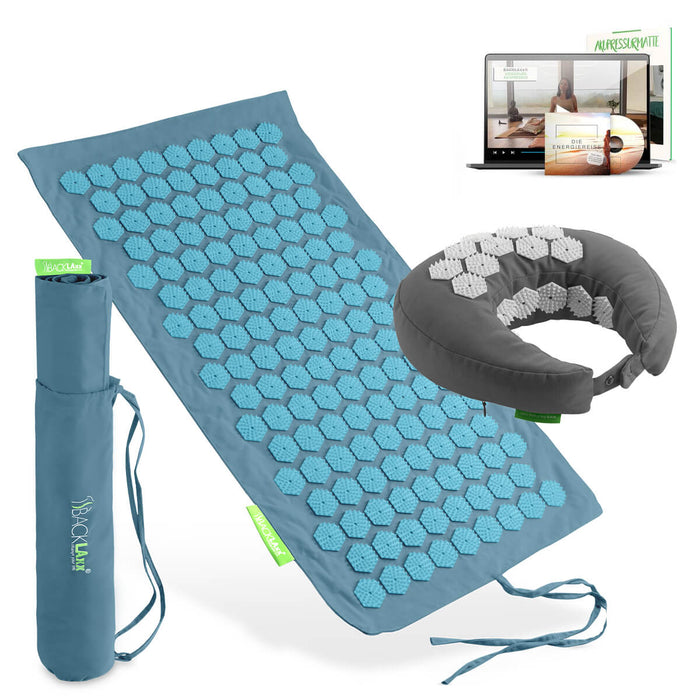 BACKLAXX Akupressur Reise-Set: To-Go Akupressurmatte, Nackenhörnchen, Tragetasche und digitaler Videokurs
