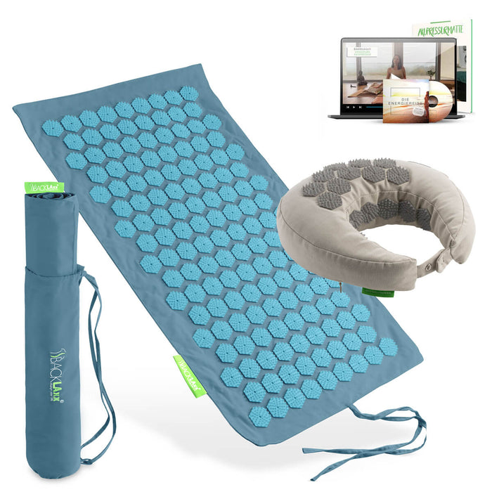 BACKLAXX Akupressur Reise-Set: To-Go Akupressurmatte, Nackenhörnchen, Tragetasche und digitaler Videokurs