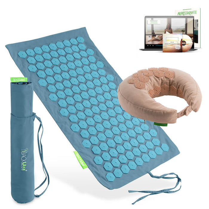 BACKLAXX Akupressur Reise-Set: To-Go Akupressurmatte, Nackenhörnchen, Tragetasche und digitaler Videokurs