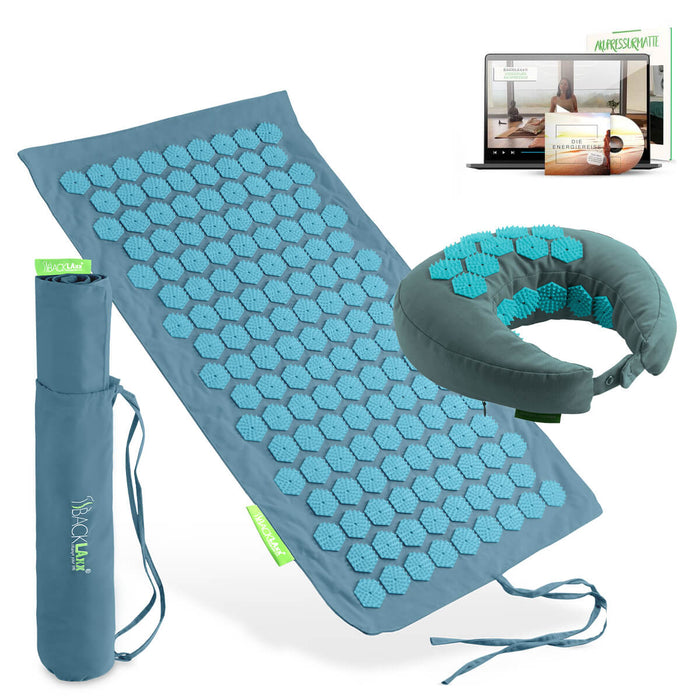 BACKLAXX Akupressur Reise-Set: To-Go Akupressurmatte, Nackenhörnchen, Tragetasche und digitaler Videokurs