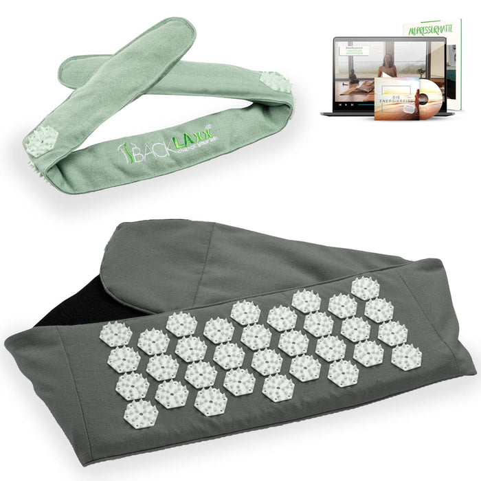 BACKLAXX Akupress to go Bundle bestehend aus Lendengurt grau und Kopfband mintgruen - Kombinierbar mit Online-Kursen und der Energielehre für ganzheitliche Wellnessanwendung