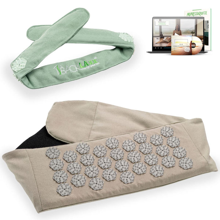 BACKLAXX Akupress to go Bundle bestehend aus Lendengurt natur und Kopfband mintgruen - Kombinierbar mit Online-Kursen und der Energielehre für ganzheitliche Wellnessanwendung