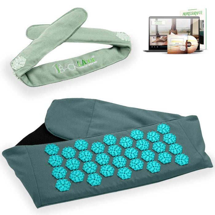 BACKLAXX Akupress to go Bundle bestehend aus Lendengurt tuerkis und Kopfband mintgruen - Kombinierbar mit Online-Kursen und der Energielehre für ganzheitliche Wellnessanwendung