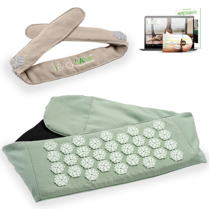 BACKLAXX Akupress to go Bundle bestehend aus Lendengurt mintgruen und Kopfband natur - Kombinierbar mit Online-Kursen und der Energielehre für ganzheitliche Wellnessanwendung
