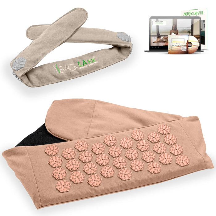 BACKLAXX Akupress to go Bundle bestehend aus Lendengurt rosé und Kopfband natur - Kombinierbar mit Online-Kursen und der Energielehre für ganzheitliche Wellnessanwendung