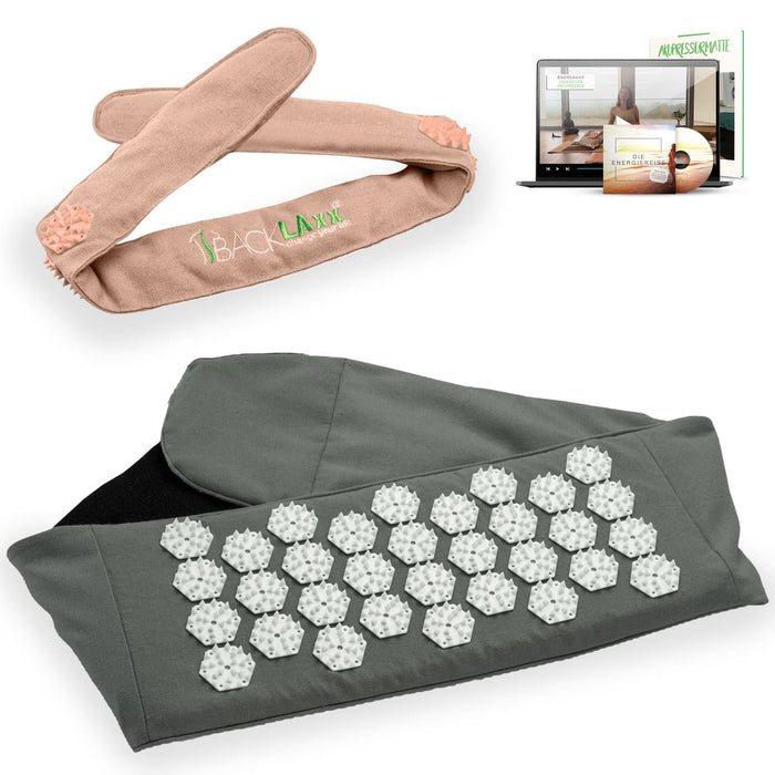 BACKLAXX Akupress to go Bundle bestehend aus Lendengurt grau und Kopfband rosé - Kombinierbar mit Online-Kursen und der Energielehre für ganzheitliche Wellnessanwendung
