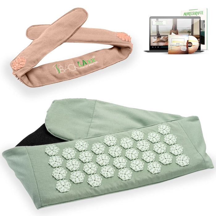 BACKLAXX Akupress to go Bundle bestehend aus Lendengurt mintgruen und Kopfband rosé - Kombinierbar mit Online-Kursen und der Energielehre für ganzheitliche Wellnessanwendung