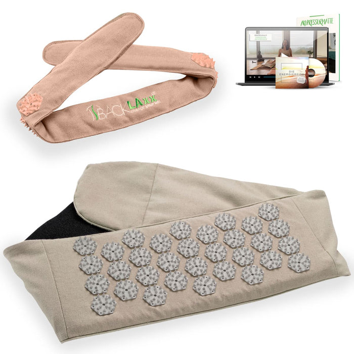 BACKLAXX Akupress to go Bundle bestehend aus Lendengurt natur und Kopfband rosé - Kombinierbar mit Online-Kursen und der Energielehre für ganzheitliche Wellnessanwendung