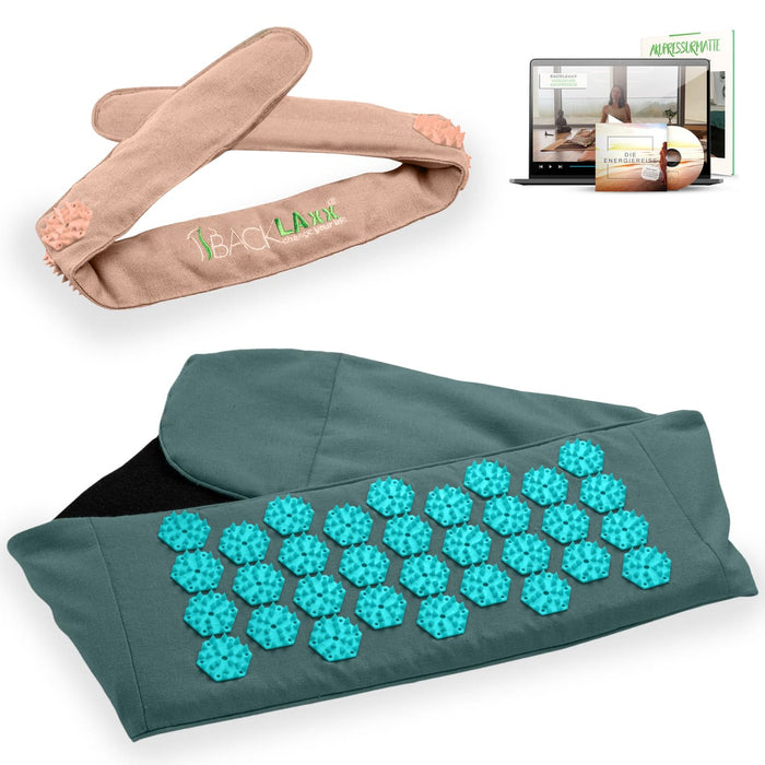 BACKLAXX Akupress to go Bundle bestehend aus Lendengurt tuerkis und Kopfband rosé - Kombinierbar mit Online-Kursen und der Energielehre für ganzheitliche Wellnessanwendung