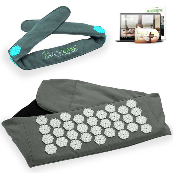 BACKLAXX Akupress to go Bundle bestehend aus Lendengurt grau und Kopfband tuerkis - Kombinierbar mit Online-Kursen und der Energielehre für ganzheitliche Wellnessanwendung