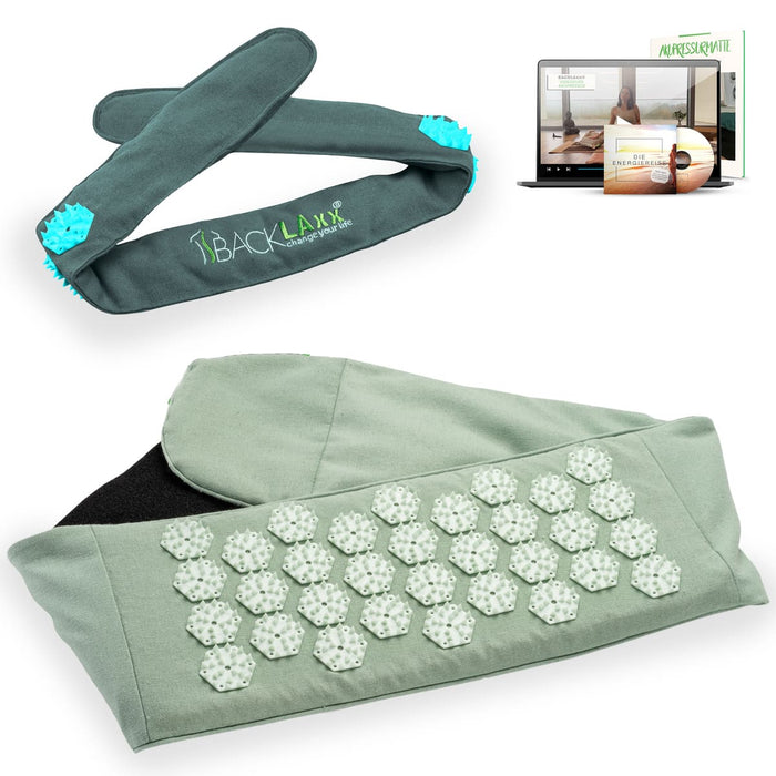 BACKLAXX Akupress to go Bundle bestehend aus Lendengurt mintgruen und Kopfband tuerkis - Kombinierbar mit Online-Kursen und der Energielehre für ganzheitliche Wellnessanwendung