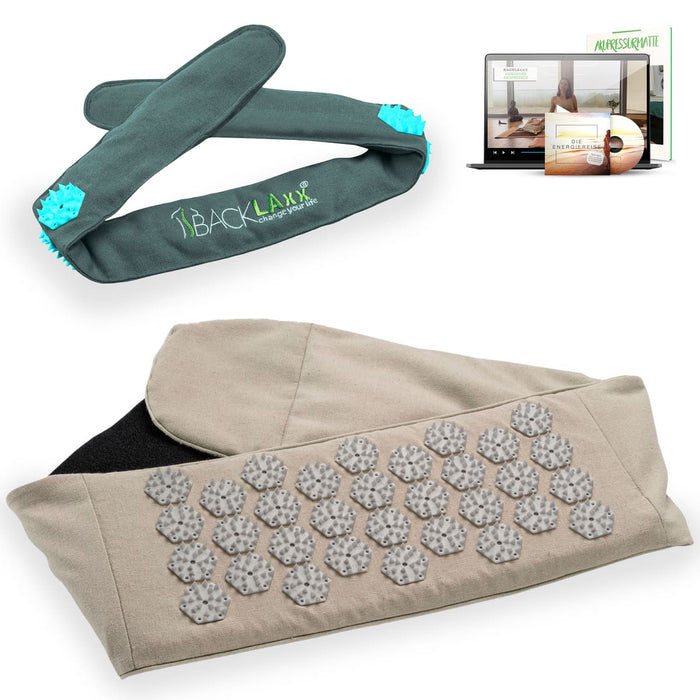 BACKLAXX Akupress to go Bundle bestehend aus Lendengurt natur und Kopfband tuerkis - Kombinierbar mit Online-Kursen und der Energielehre für ganzheitliche Wellnessanwendung