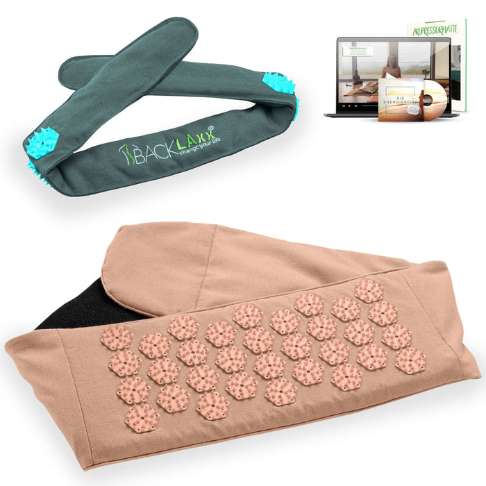 BACKLAXX Akupress to go Bundle bestehend aus Lendengurt rosé und Kopfband tuerkis - Kombinierbar mit Online-Kursen und der Energielehre für ganzheitliche Wellnessanwendung