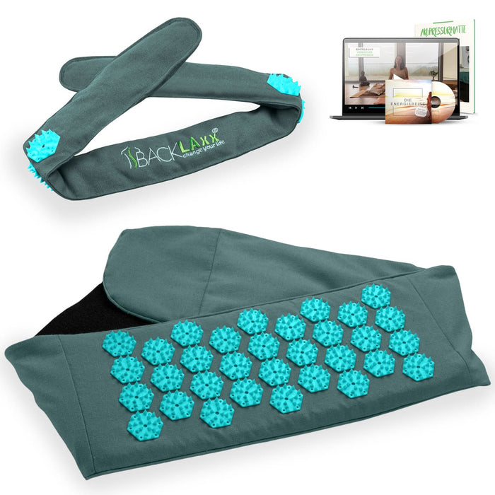 BACKLAXX Akupress to go Bundle bestehend aus Lendengurt tuerkis und Kopfband tuerkis - Kombinierbar mit Online-Kursen und der Energielehre für ganzheitliche Wellnessanwendung