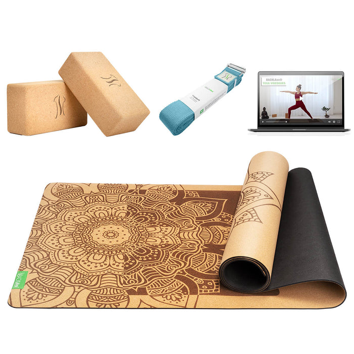 BACKLAXX Yoga-Set mit Mandala-Matte, Kork-Blöcken und petrolblauem Yogagurt - Inklusive Online-Webinaren für ganzheitliches Yogaerlebnis zuhause
