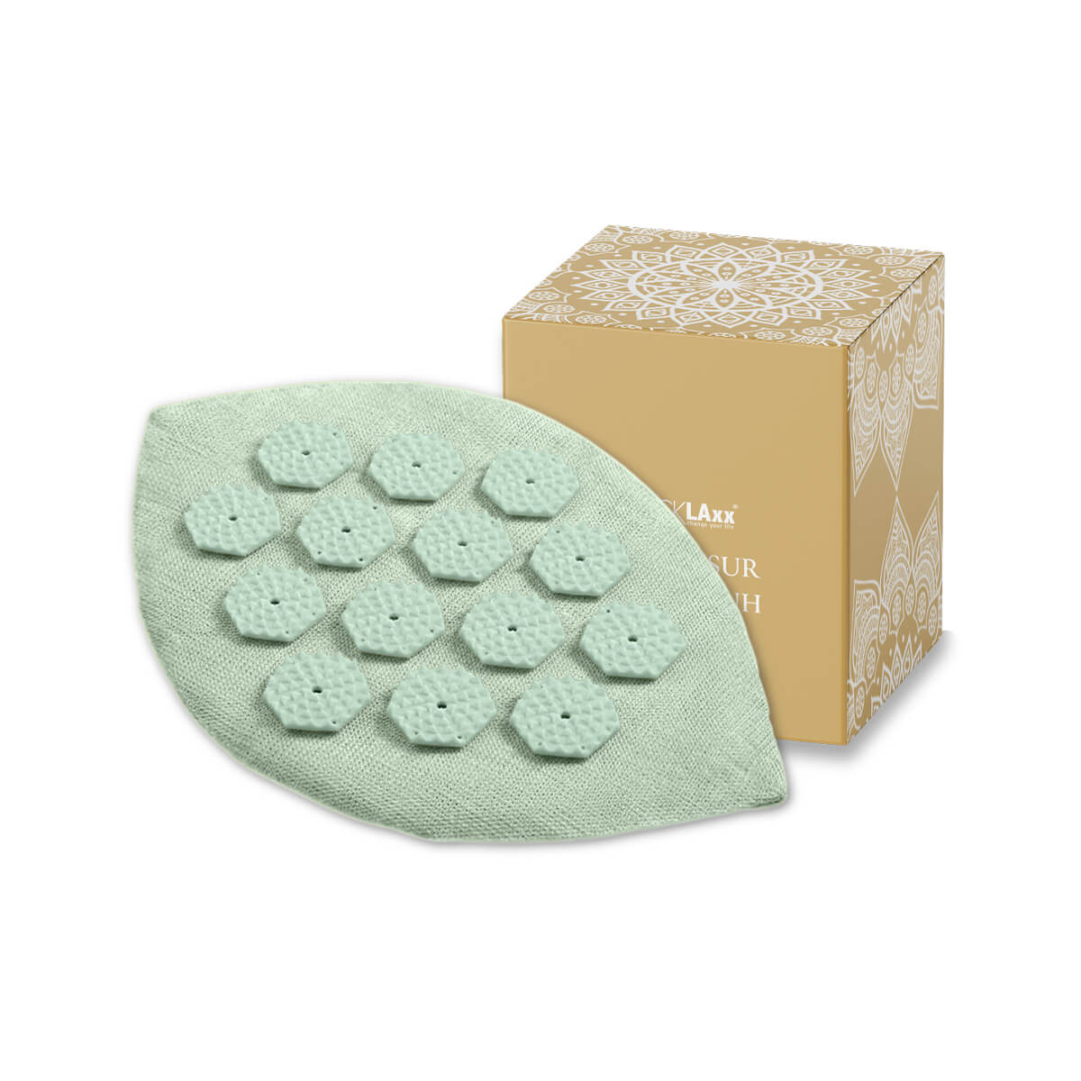 Mintgrüner Akupressur-Handschuh in Blattform mit weißen Massage-Spikes in sechseckiger Anordnung – zur gezielten Druckpunkt-Stimulation.
