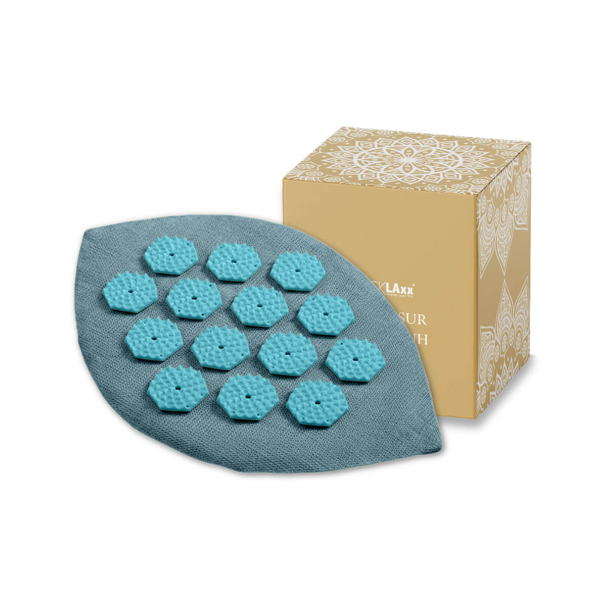 Türkiser Akupressur-Handschuh in Blattform mit weißen Massage-Spikes in sechseckiger Anordnung – zur gezielten Druckpunkt-Stimulation.