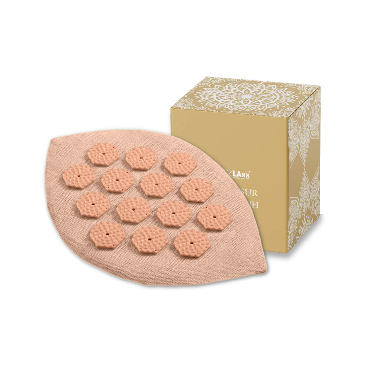 Rosaner Akupressur-Handschuh in Blattform mit weißen Massage-Spikes in sechseckiger Anordnung – zur gezielten Druckpunkt-Stimulation.